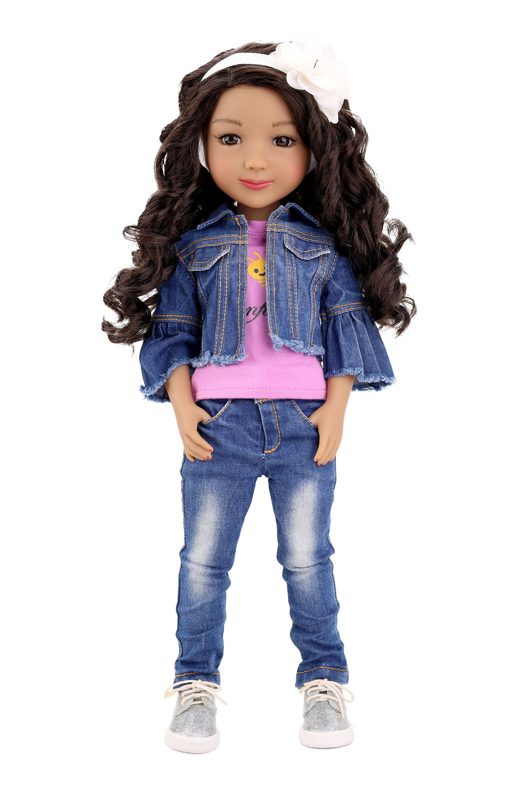 Doll wearing a denim jacket, purple shirt, and blue jeans on a white background