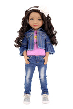 Doll wearing a denim jacket, purple shirt, and blue jeans on a white background