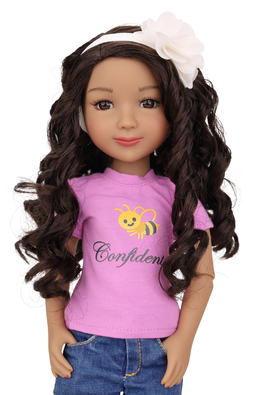 Doll wearing a purple shirt with a bee graphic and 'Confidence' text, blue jeans, and a white flower headband on a white background.