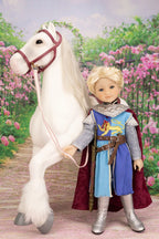 Lancelot doll in a knight outfit with a white horse in a garden setting
