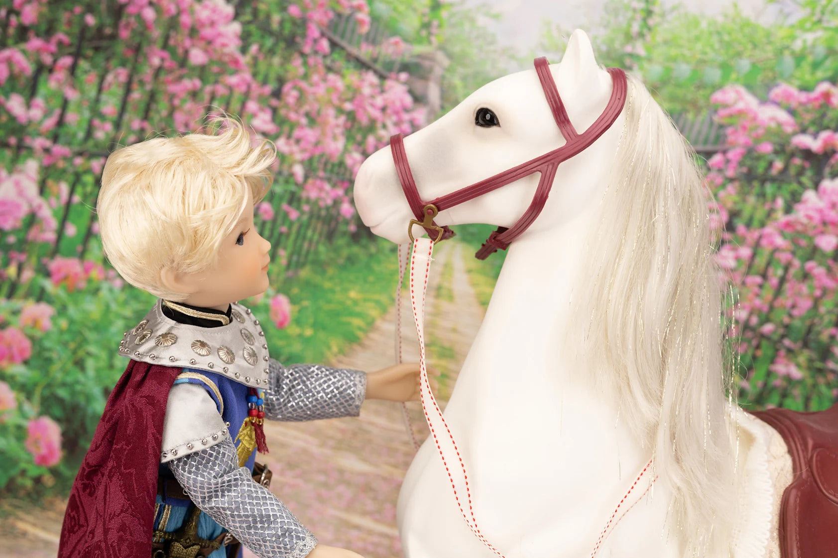 Lancelot doll in a knight outfit interacting with a white horse in a garden setting