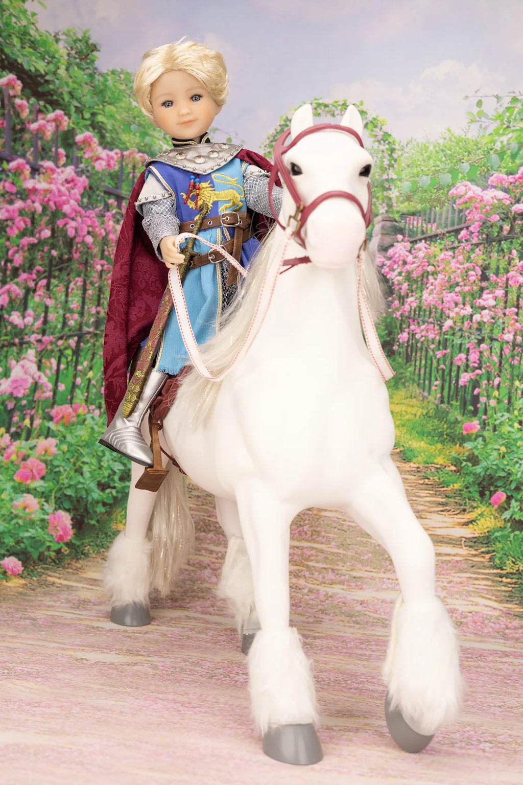 Lancelot doll in knight attire riding a white horse with a garden background