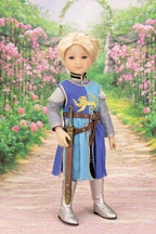 Lancelot doll in a knight outfit standing on a path with pink flowers in the background
