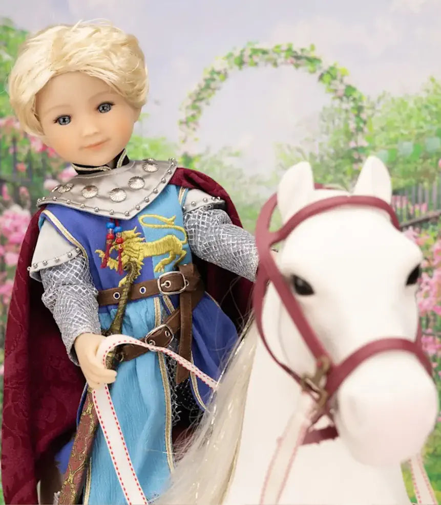 Lancelot doll in knight armor with a white horse in a garden setting