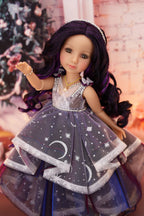 Doll with long dark hair wearing a star-patterned dress against a blurred floral background