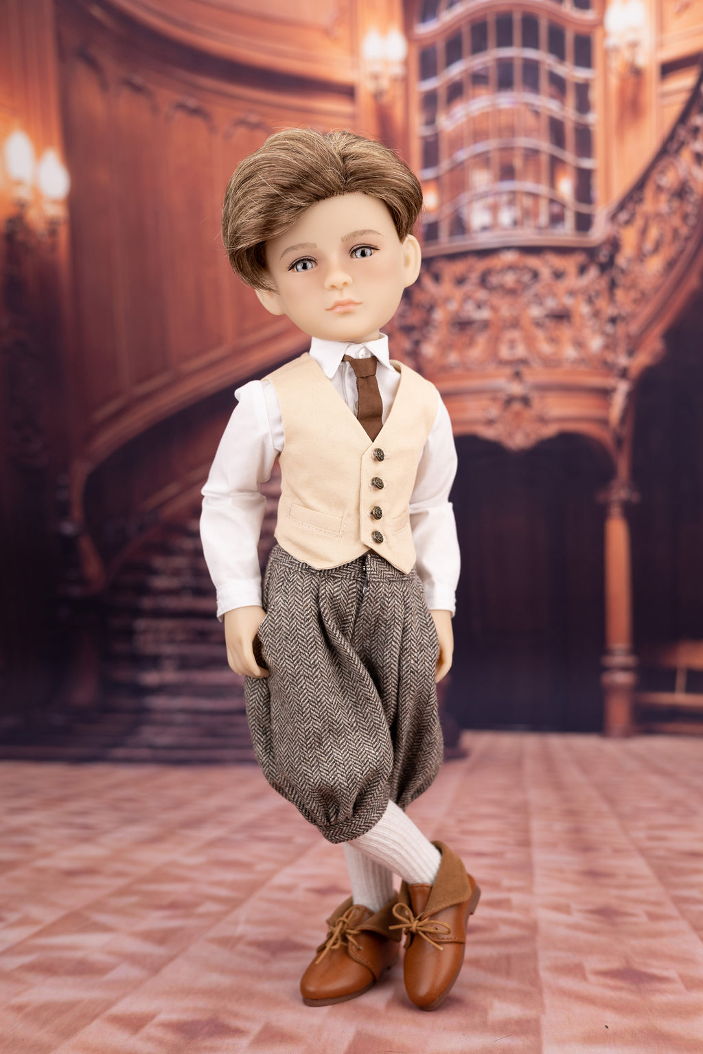 Doll in formal attire standing in an elegant interior setting