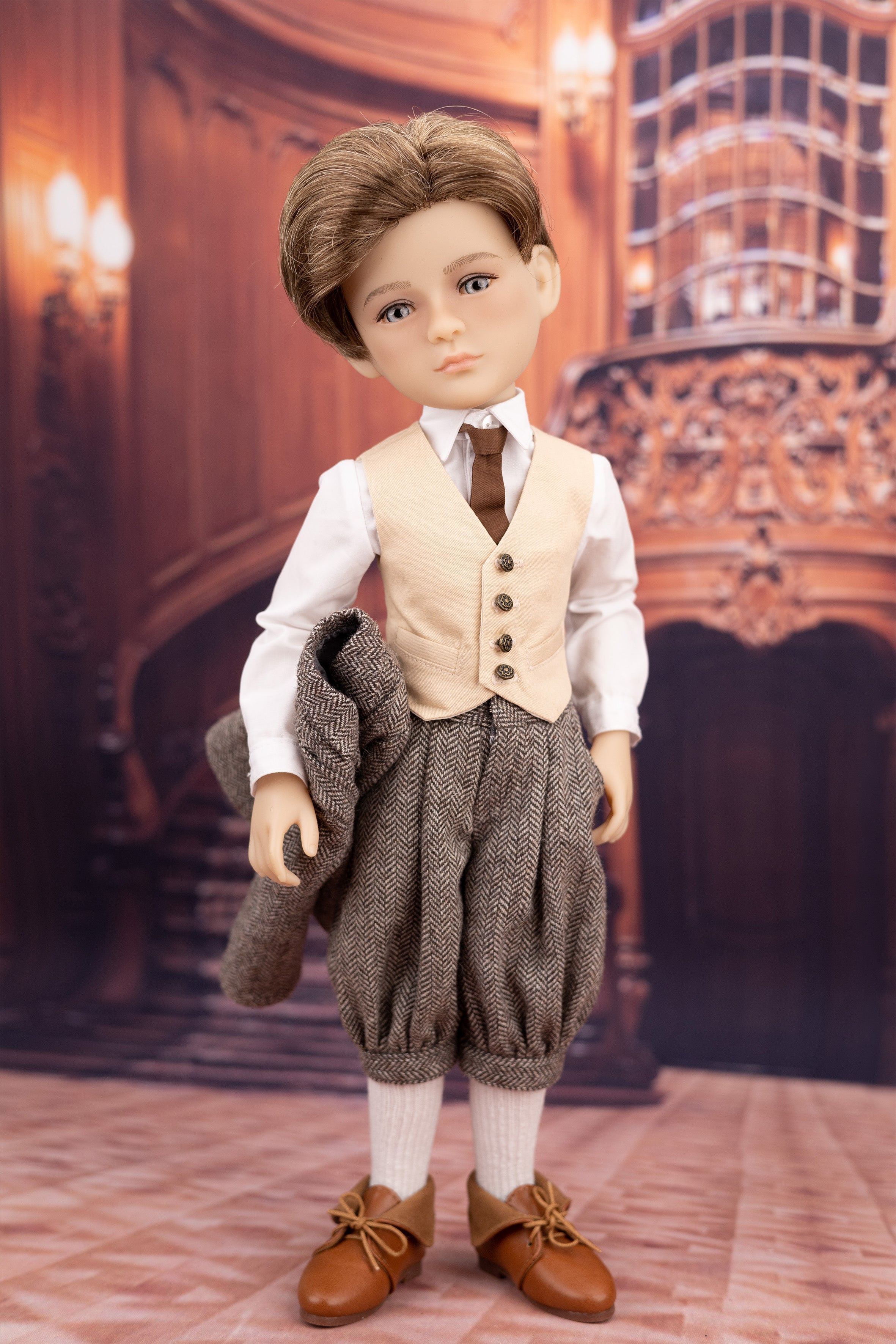 Doll in formal attire with a vintage interior background