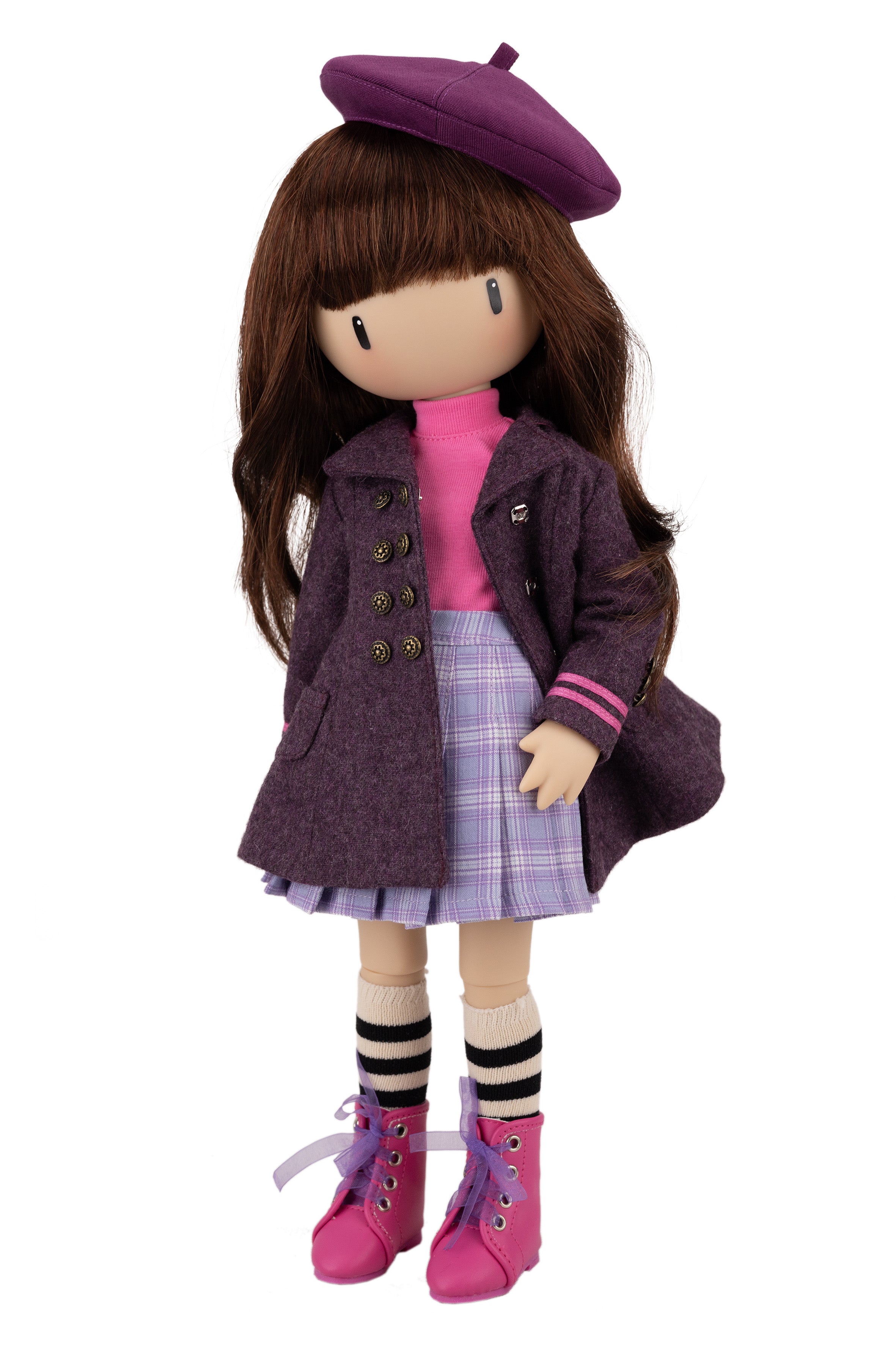 Doll wearing a purple coat, beret, and pink shoes on a white background