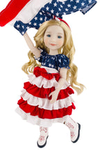 Doll in a patriotic outfit with red, white, and blue colors on a white background