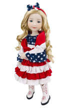 Doll wearing a patriotic outfit with red, white, and blue colors on a white background