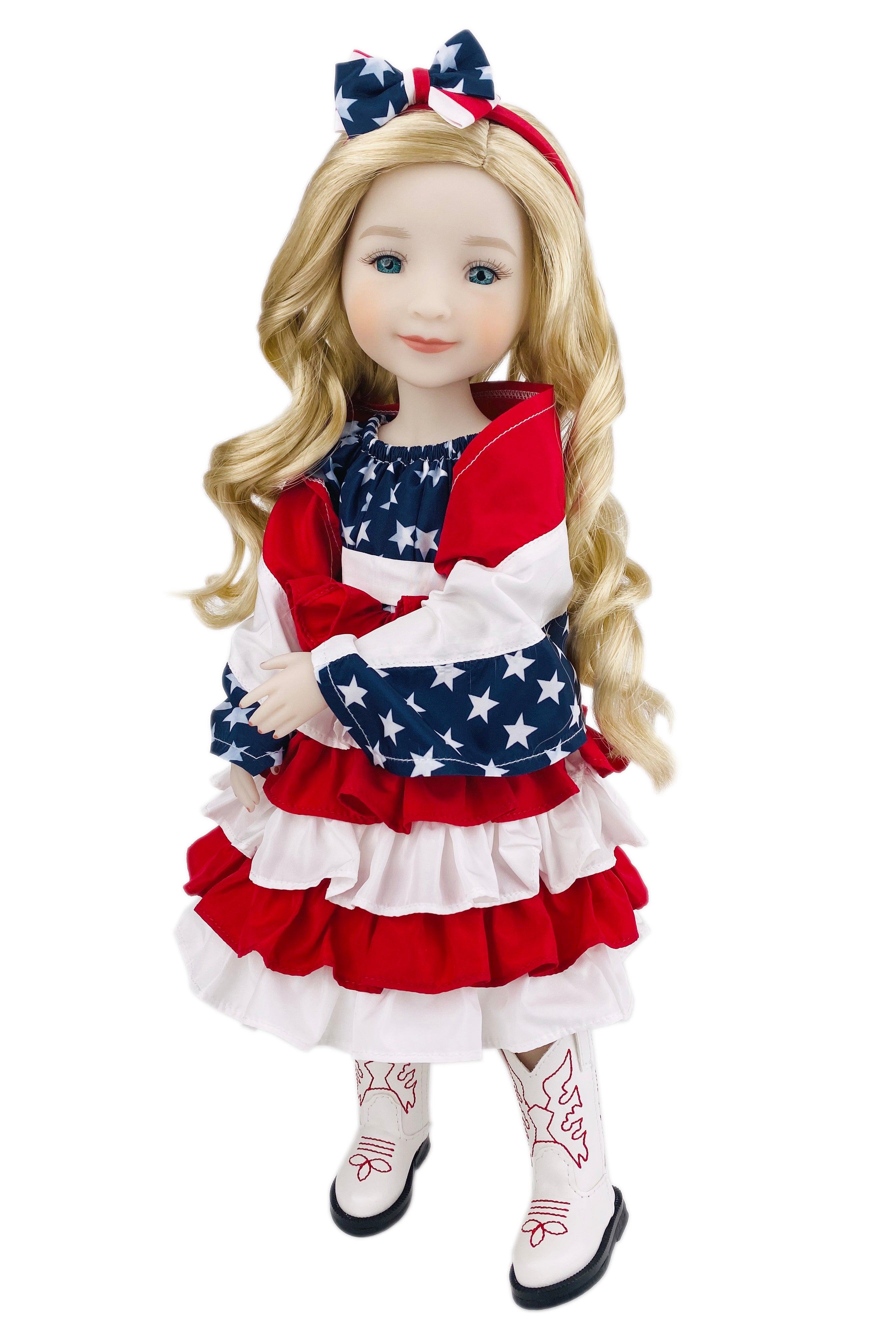 Doll wearing a patriotic outfit with red, white, and blue colors on a white background
