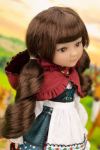 Doll with long brown hair styled in pigtails, wearing a red hooded cloak and traditional outfit.