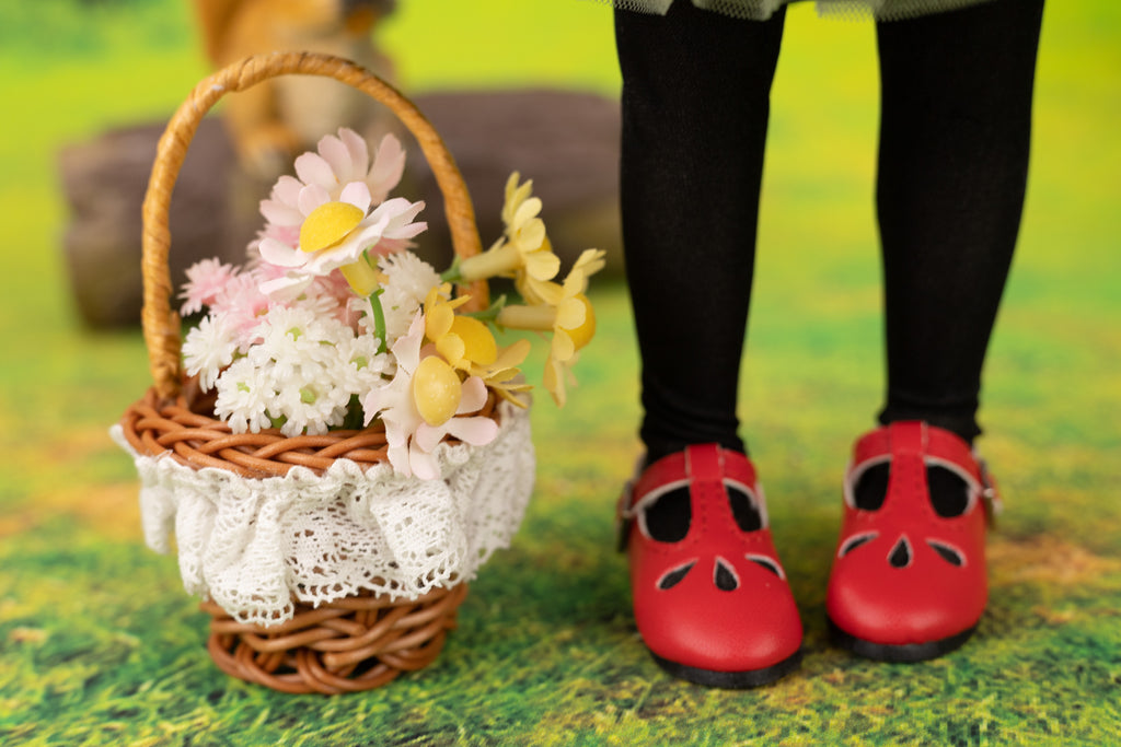 Red shoes with floral basket on a grassy background