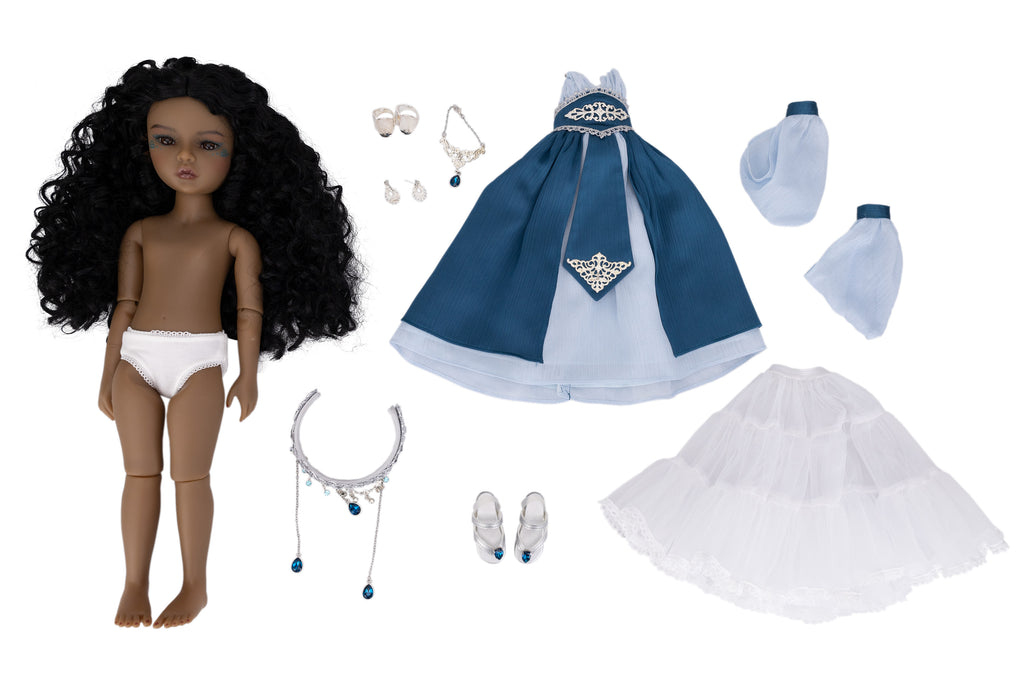 Doll with accessories including a blue dress, shoes, and jewelry on a white background