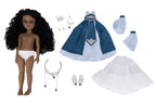 Doll with accessories including a blue dress, shoes, and jewelry on a white background