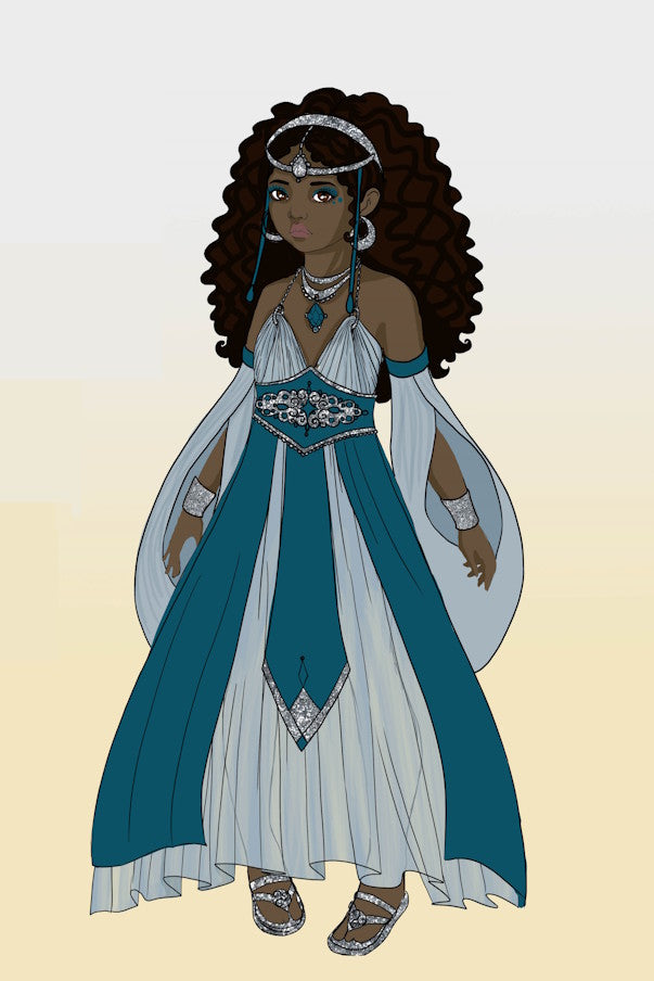 Illustration of a character in a detailed dress with jewelry on a plain background