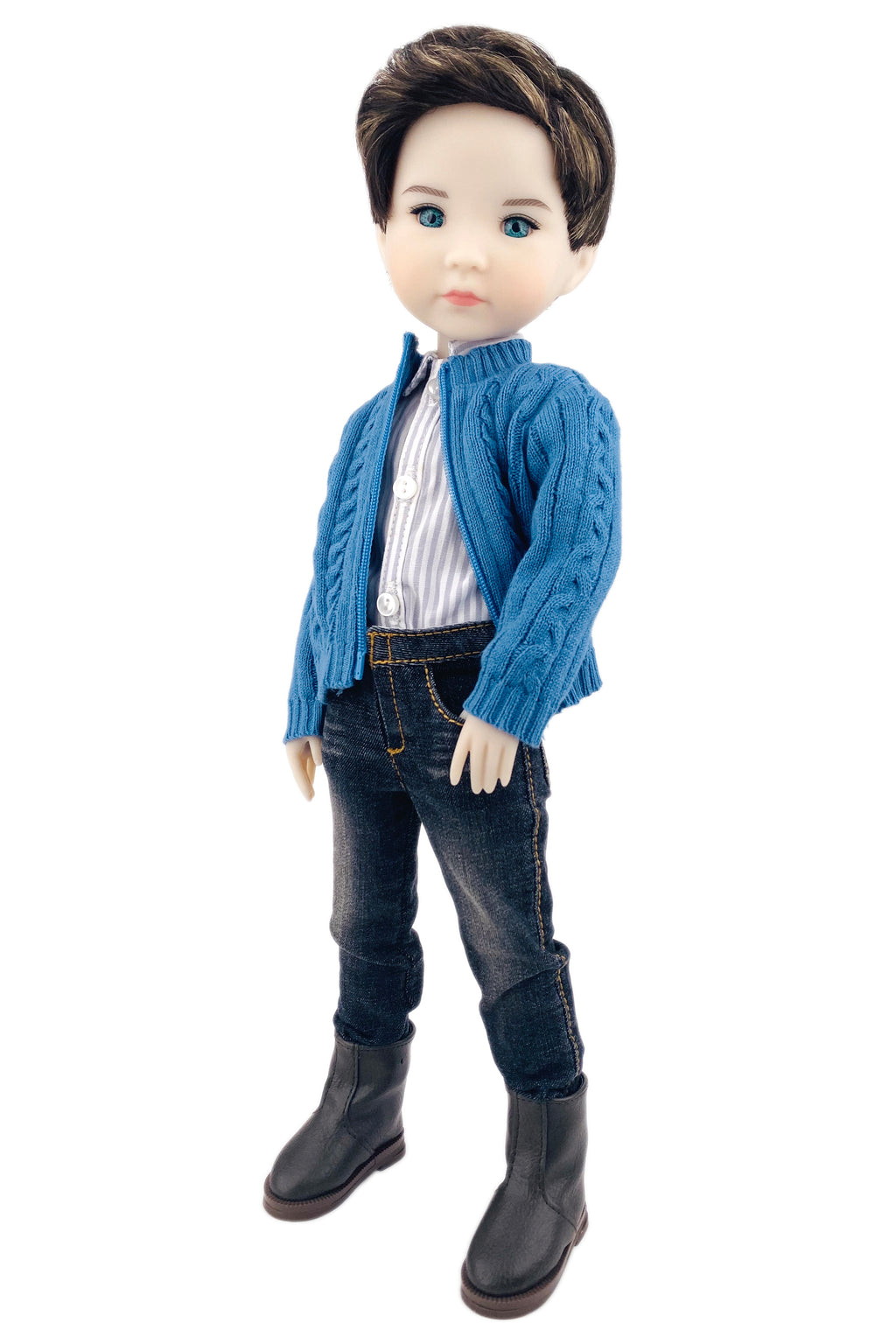 Doll wearing a blue knitted cardigan, striped shirt, jeans, and black boots on a white background