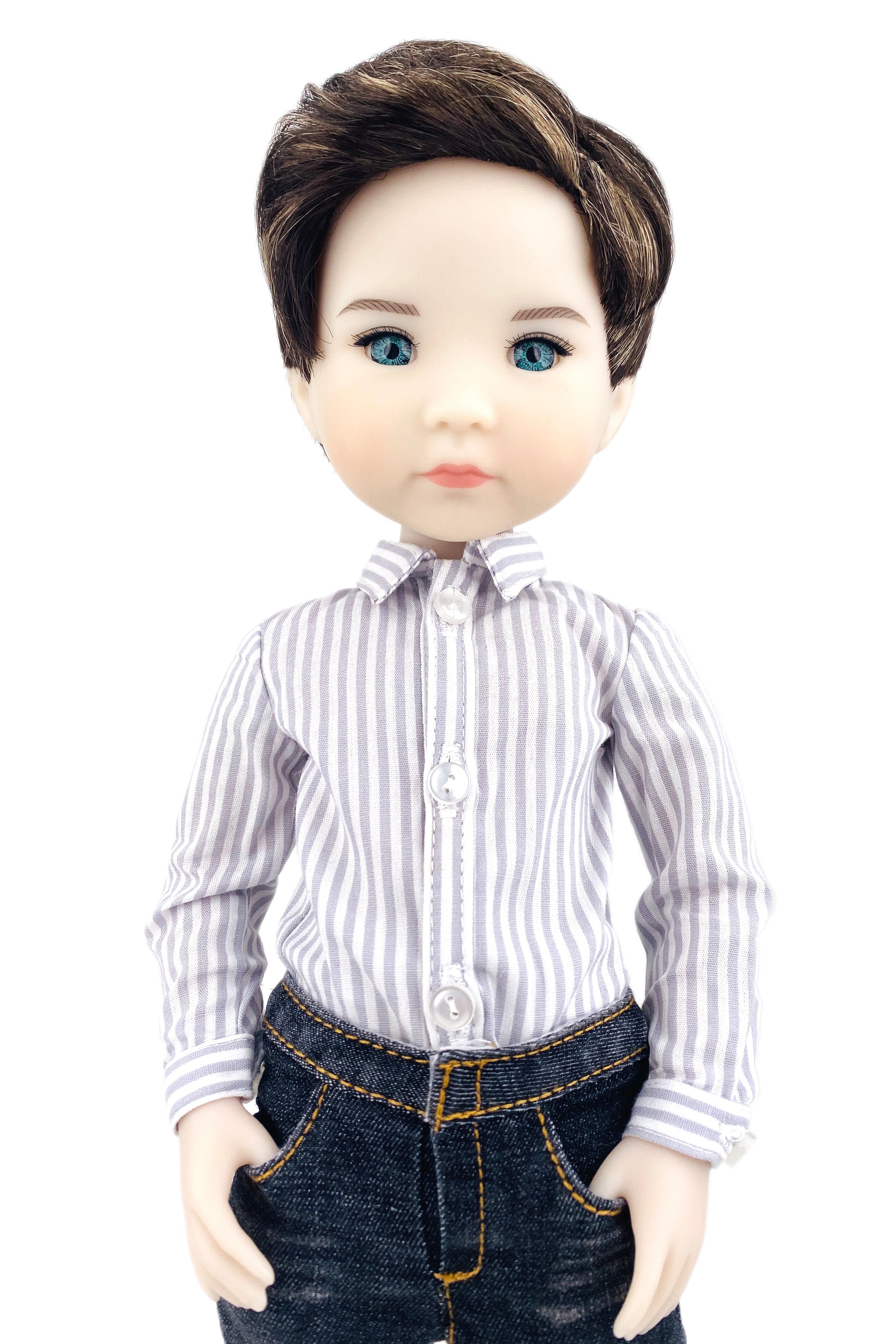 Doll wearing a striped shirt and jeans on a white background