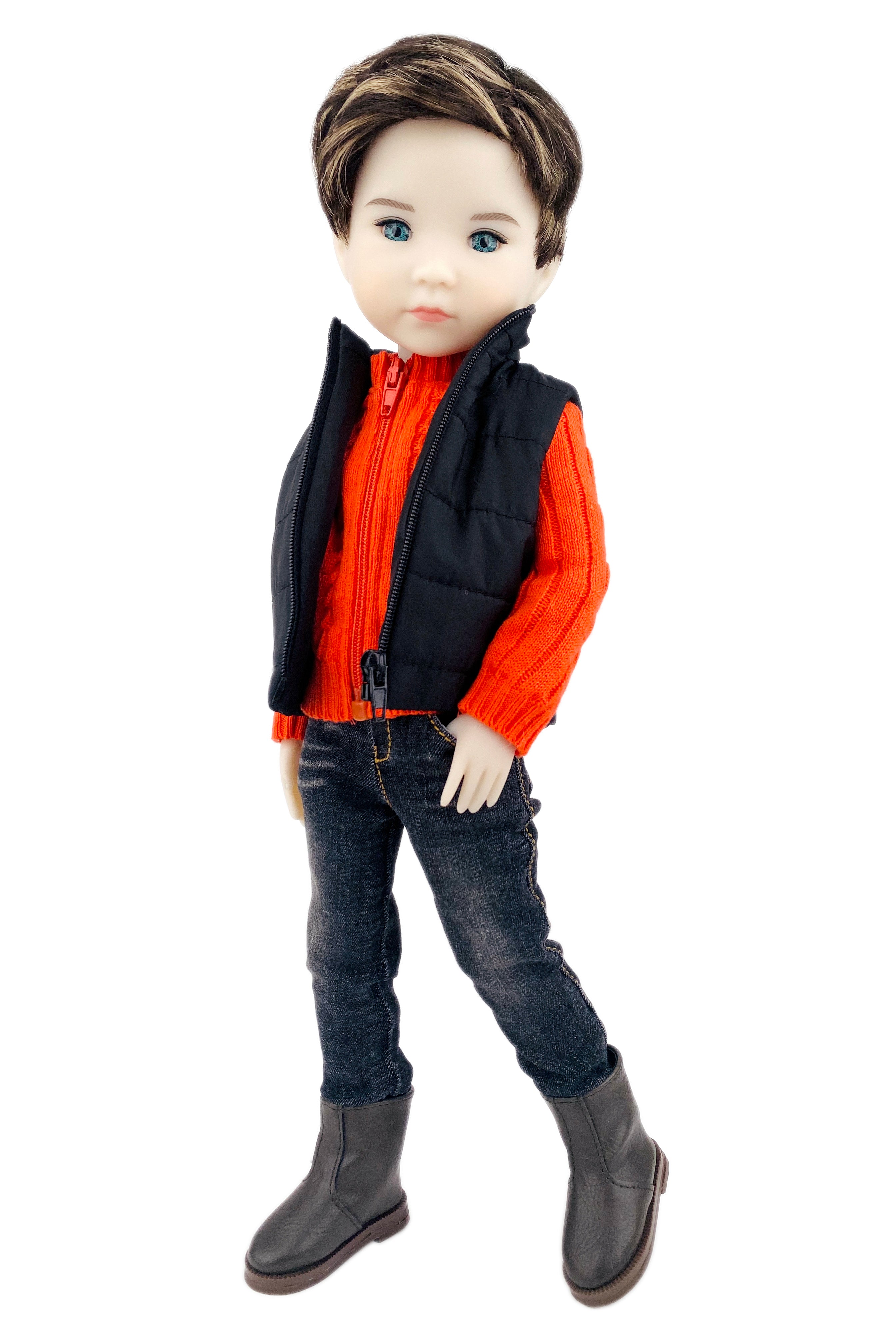 Doll wearing an orange shirt, black vest, jeans, and black boots on a white background