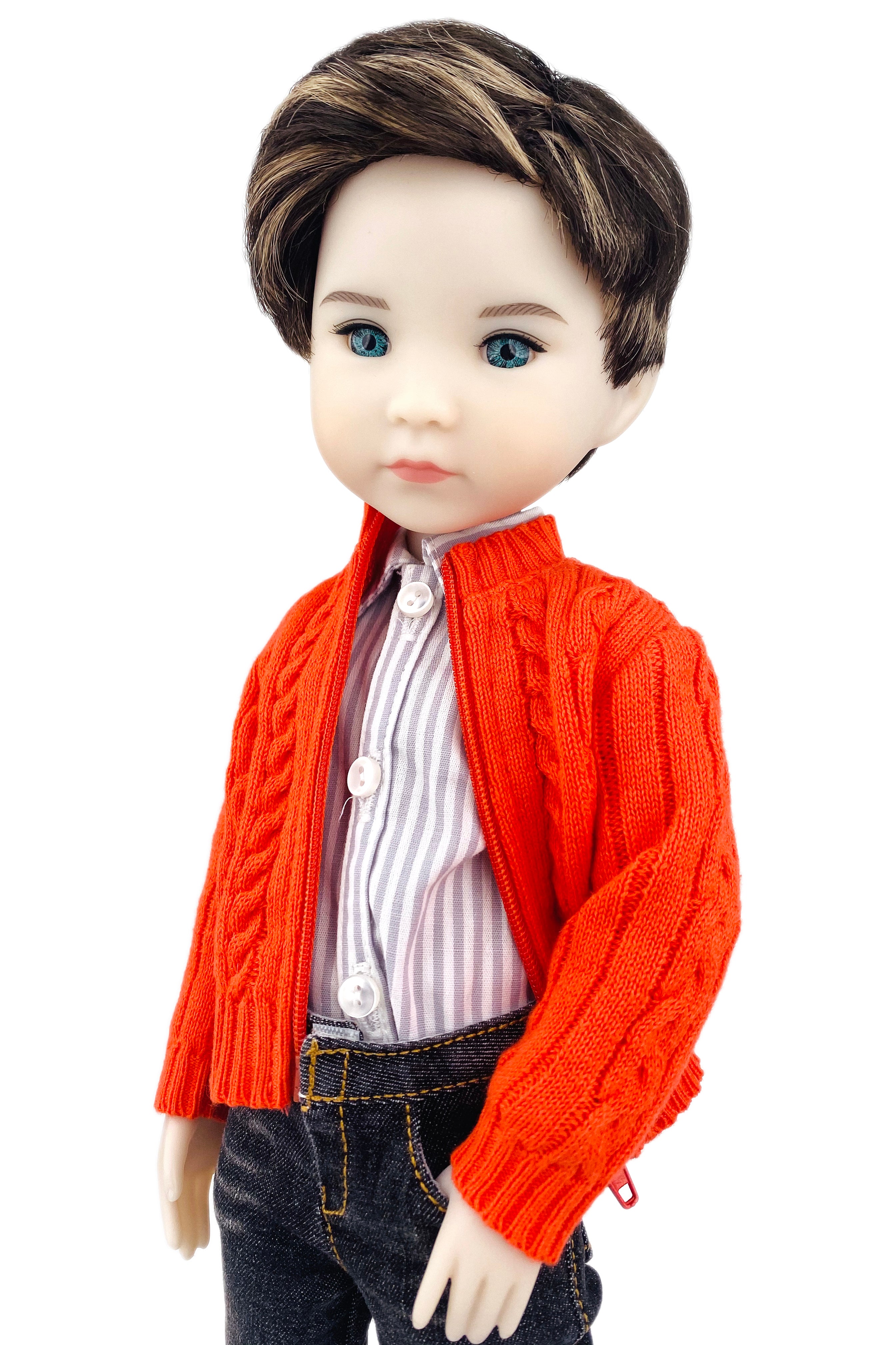 Doll wearing an orange cable-knit sweater over a striped shirt on a white background