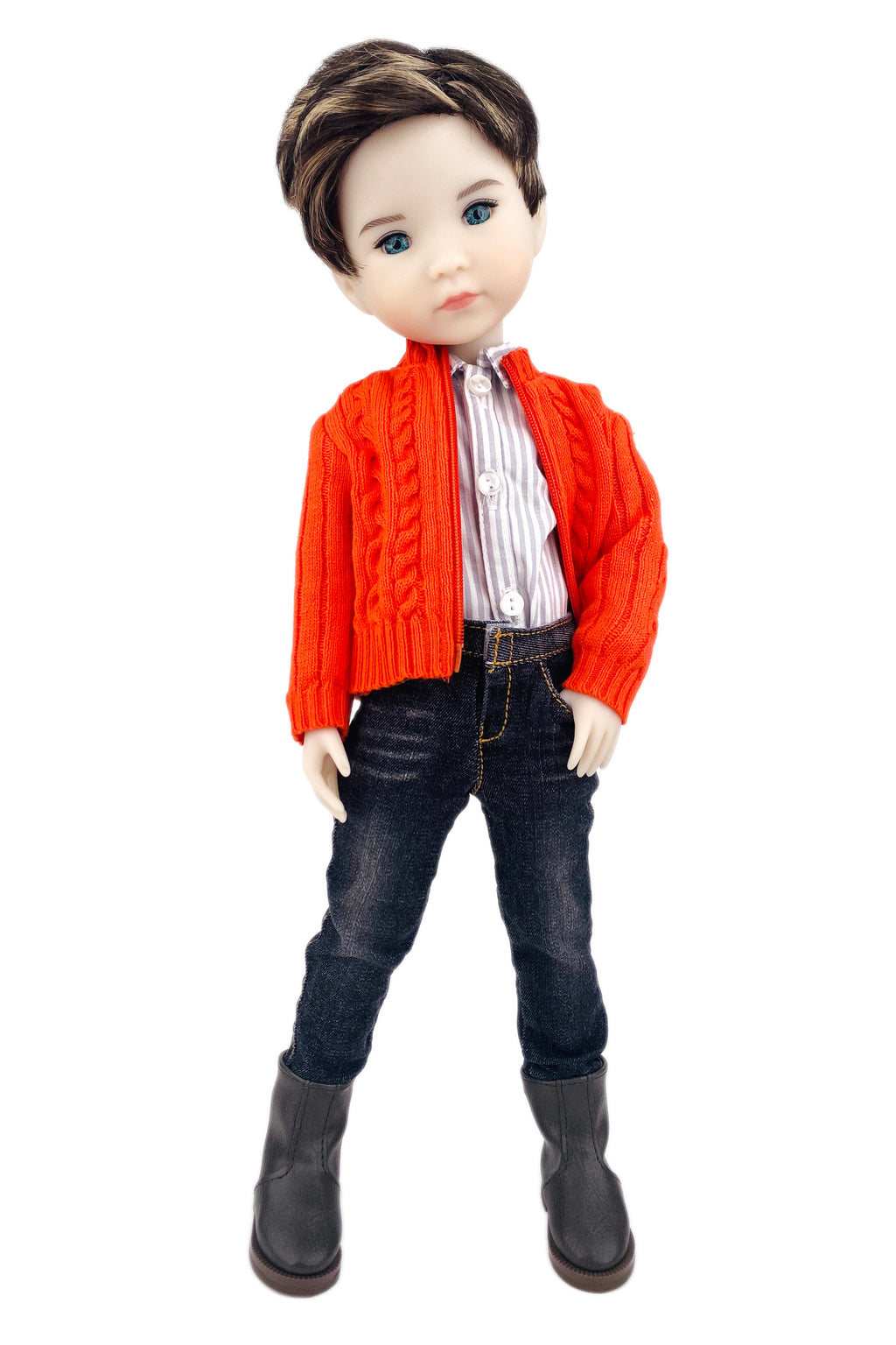 Doll wearing an orange cardigan, striped shirt, dark jeans, and black boots on a white background