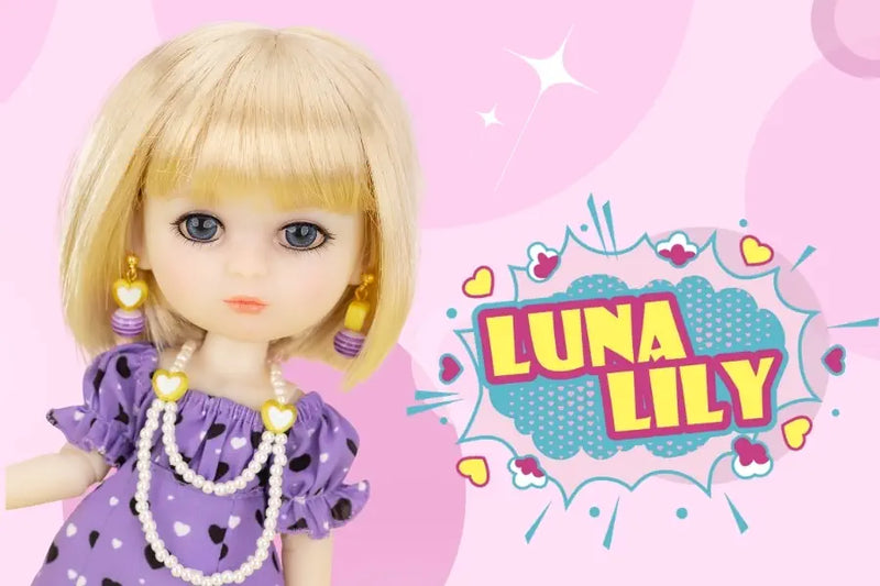 Doll with blonde hair and a purple dress on a pink background with 'Luna Lily' text.