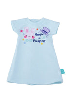 Light blue doll dress with cartoon bunny and text on a white background