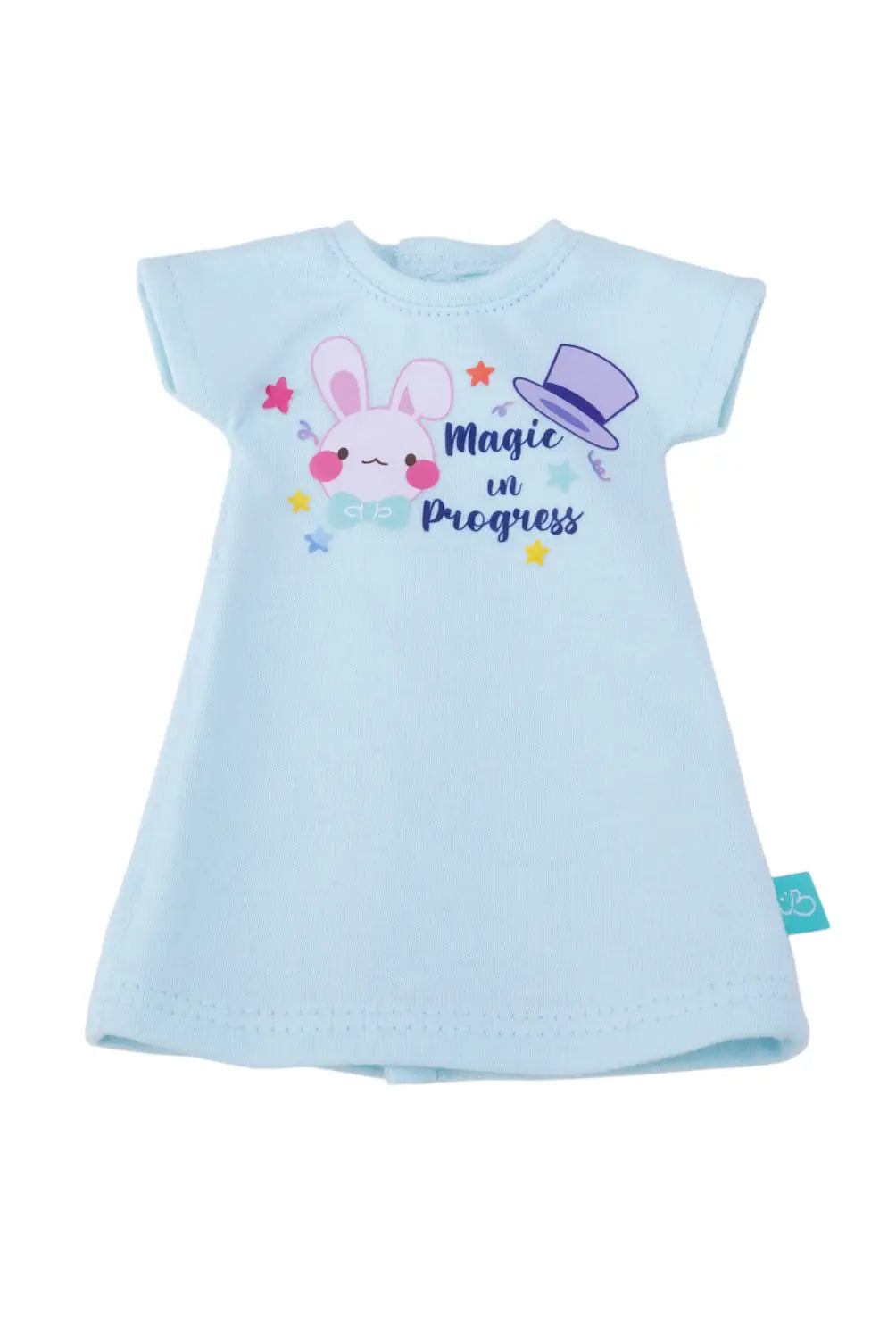 Light blue doll dress with cartoon bunny and text on a white background