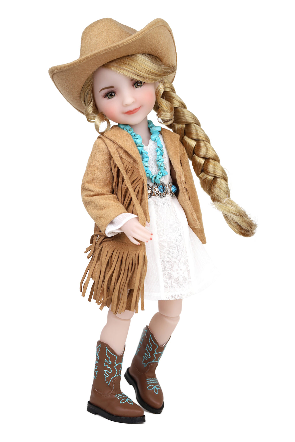 Doll in a cowboy outfit with a hat, jacket, boots, and white dress on a white background