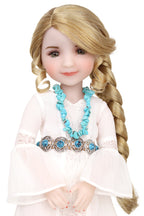 Doll with long blonde hair, white dress, and blue necklace on a white background