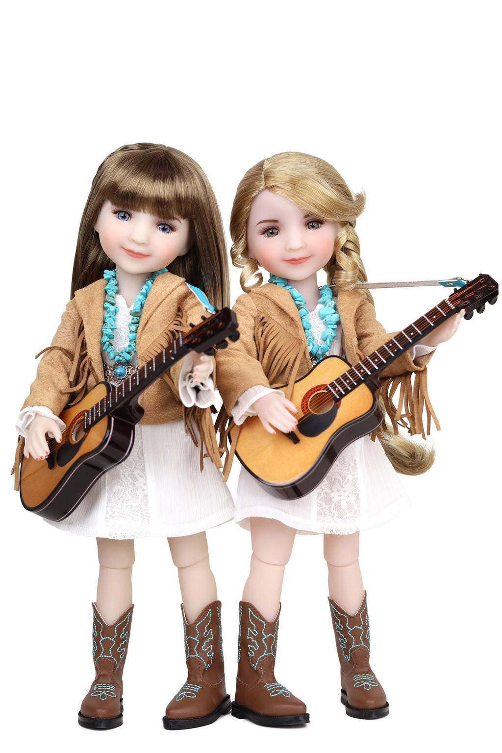 Two dolls with guitars on a white background