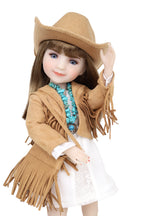 Doll wearing a cowboy hat, brown jacket with fringes, and white dress on a white background