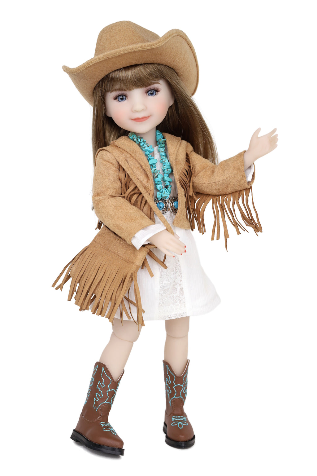 Doll wearing a cowboy outfit with a hat, jacket, boots, and scarf on a white background