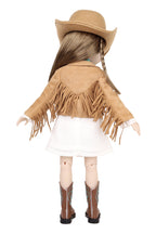 Doll wearing outfit with tan fringe jacket, white skirt, and brown cowboy hat on a white background.