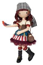 A stylized pirate Gorjuss doll with a black-and-white striped hat, burgundy hair, a red-and-white striped skirt, blue bodice, brown boots, and a small parrot on her outstretched hand, shown on a plain white background.