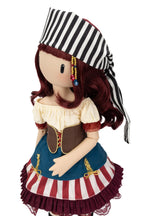 A pirate-themed Gorjuss doll with long burgundy hair, wearing a black and white striped hat, a cream puff-sleeve top, a brown corset, and a blue skirt with red and white stripes and dark ruffles, shown against a plain white background.