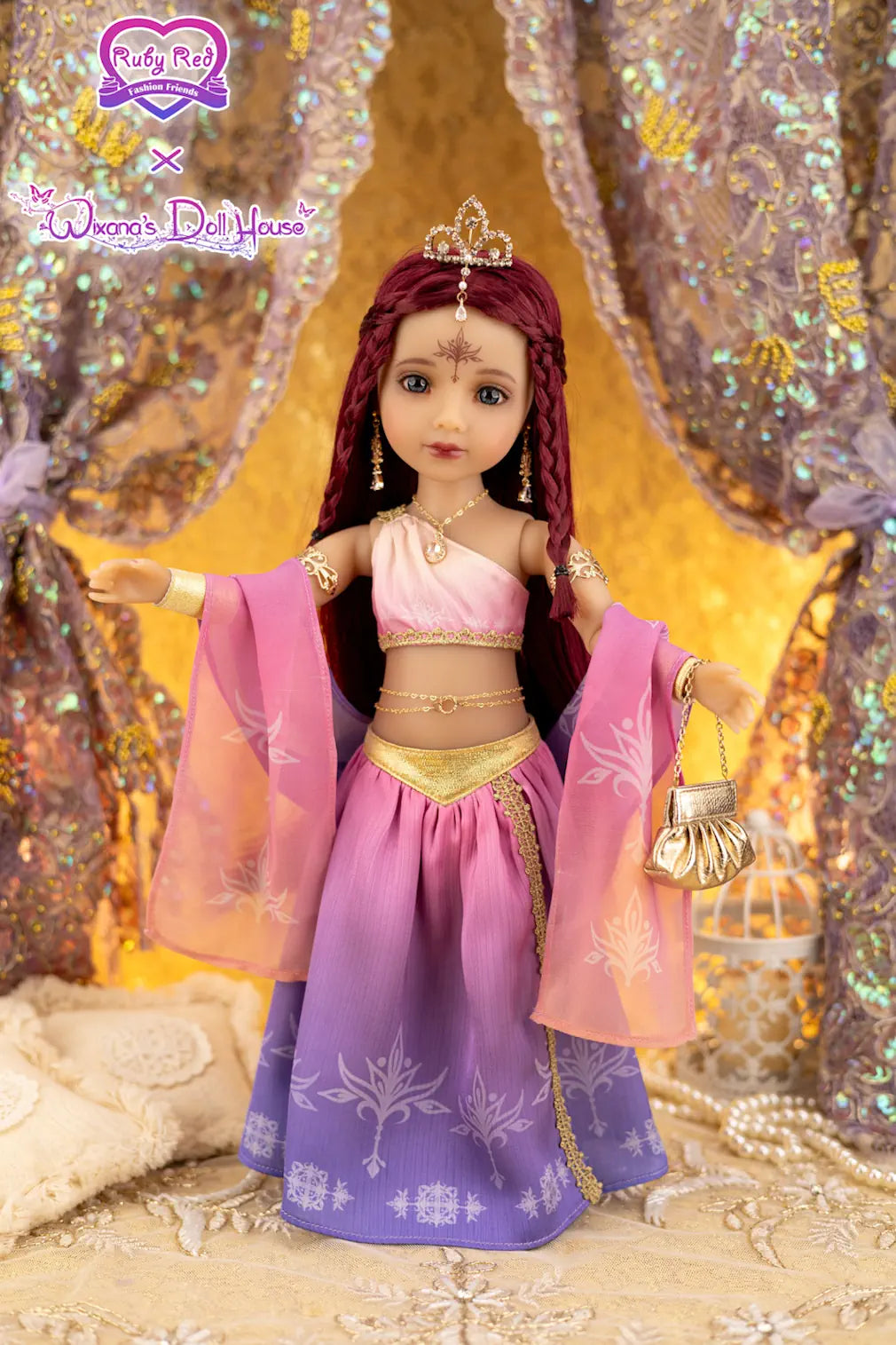 Doll in a pink and purple outfit with a tiara against a glittery background