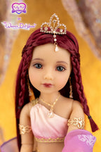 Doll with braided hair and tiara against a yellow background