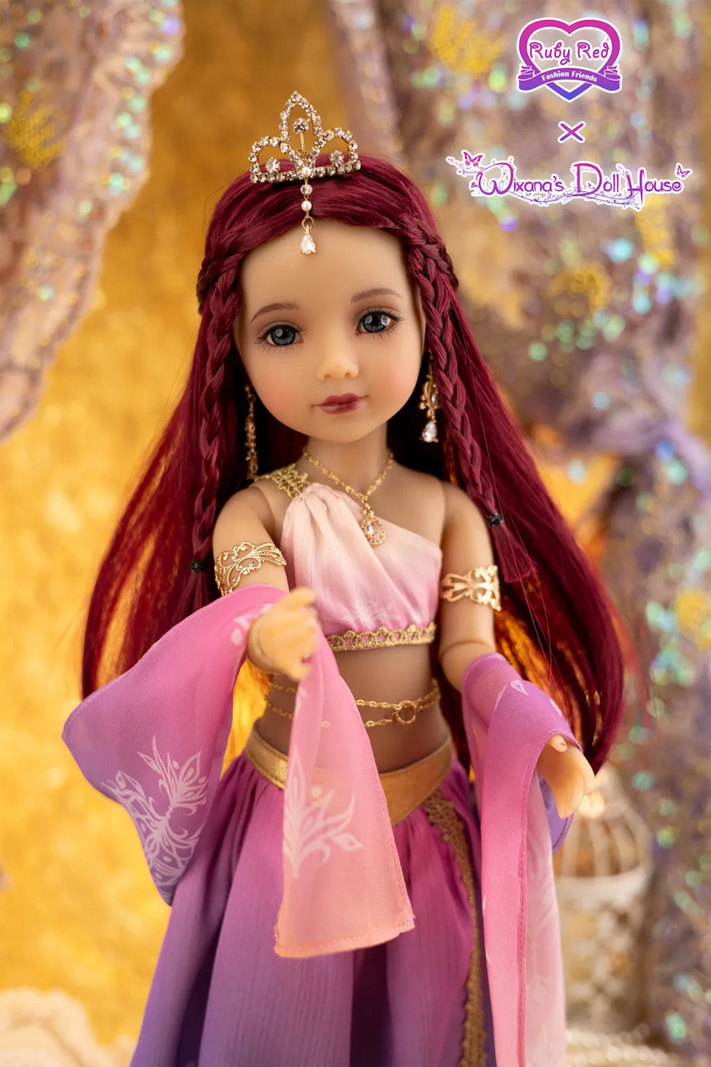 Doll with red hair and purple outfit in a fantasy setting