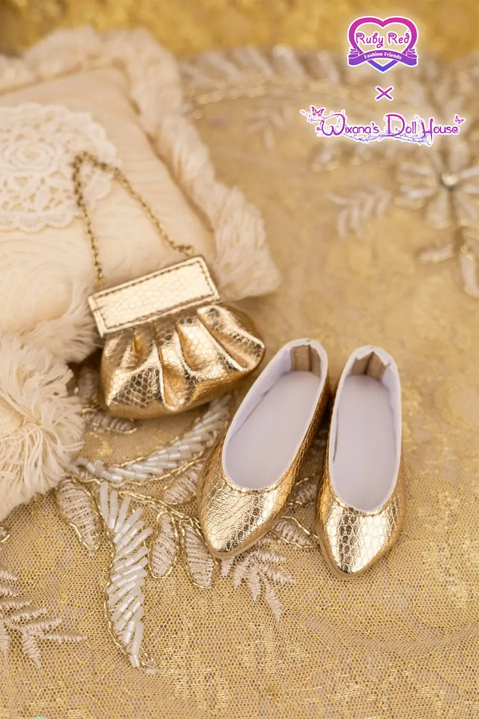 Gold doll shoes and handbag on a textured gold surface