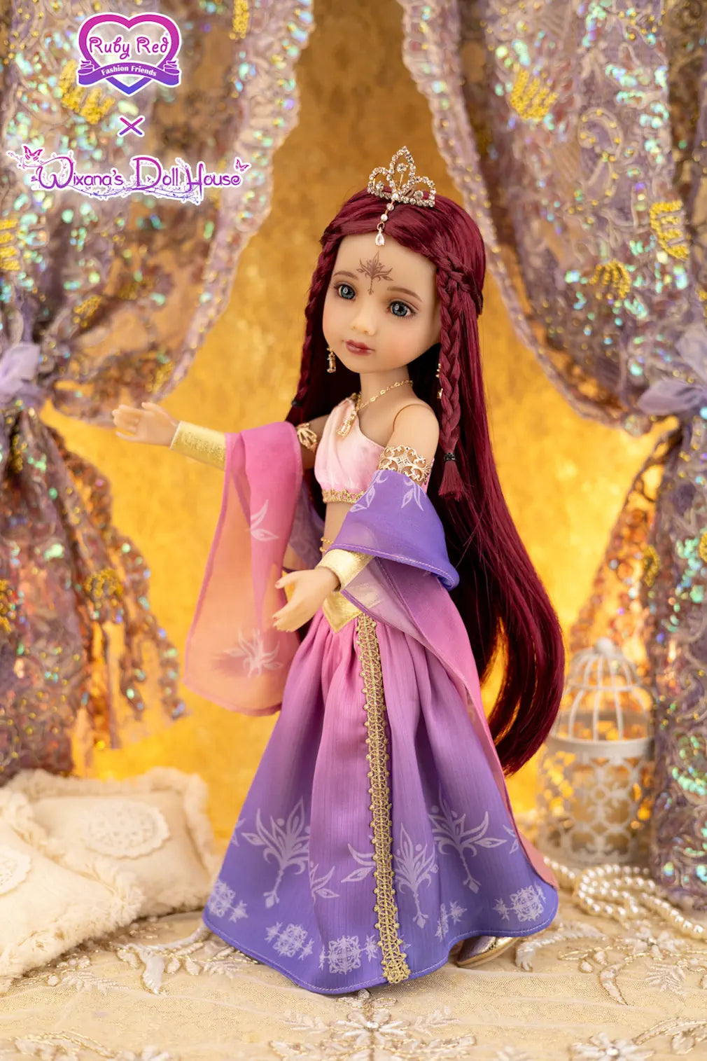 Doll with long red hair and a purple dress in front of a decorative background