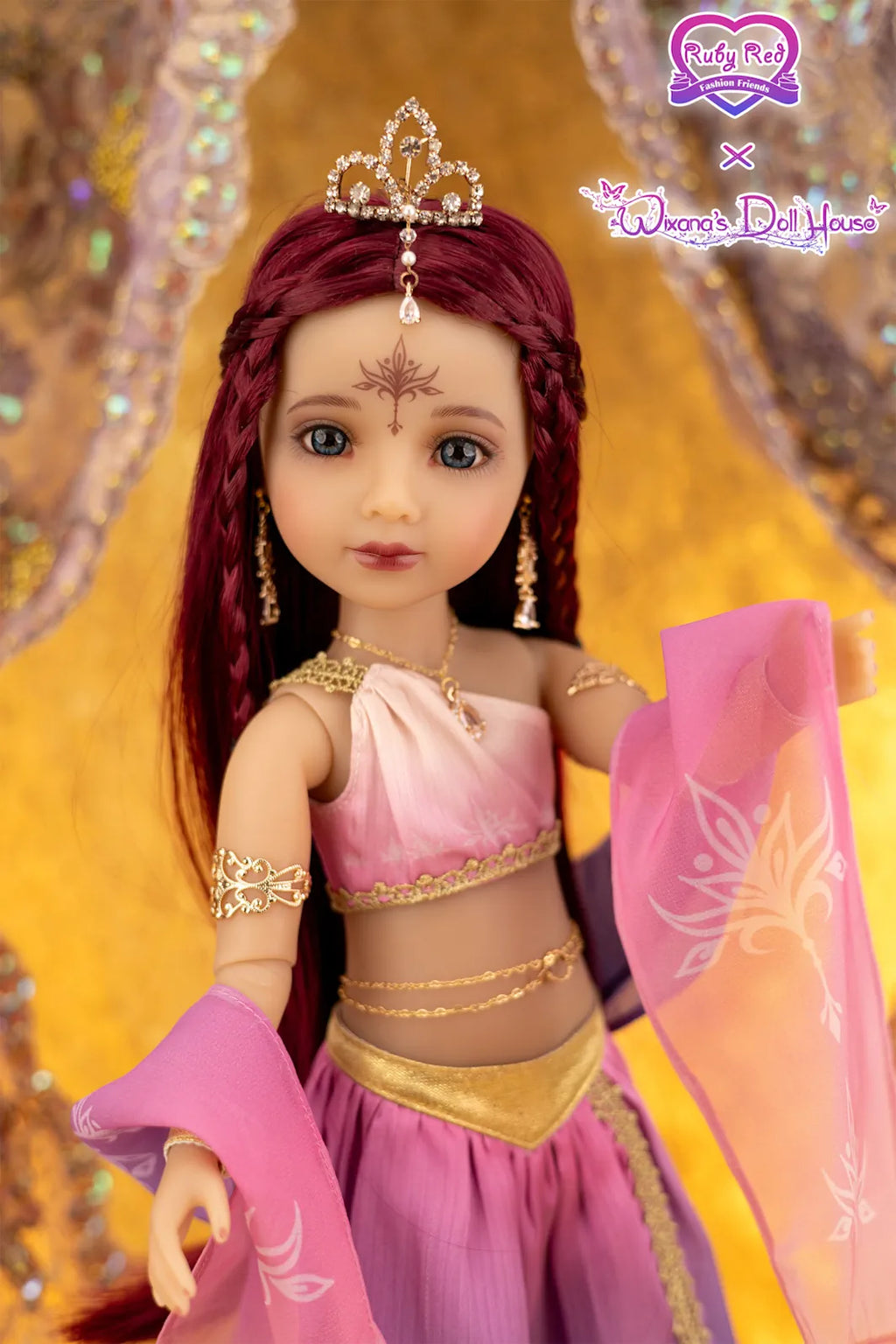 Doll with red hair and traditional outfit against a decorative background