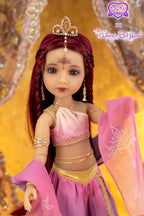 Doll with red hair and traditional outfit against a decorative background