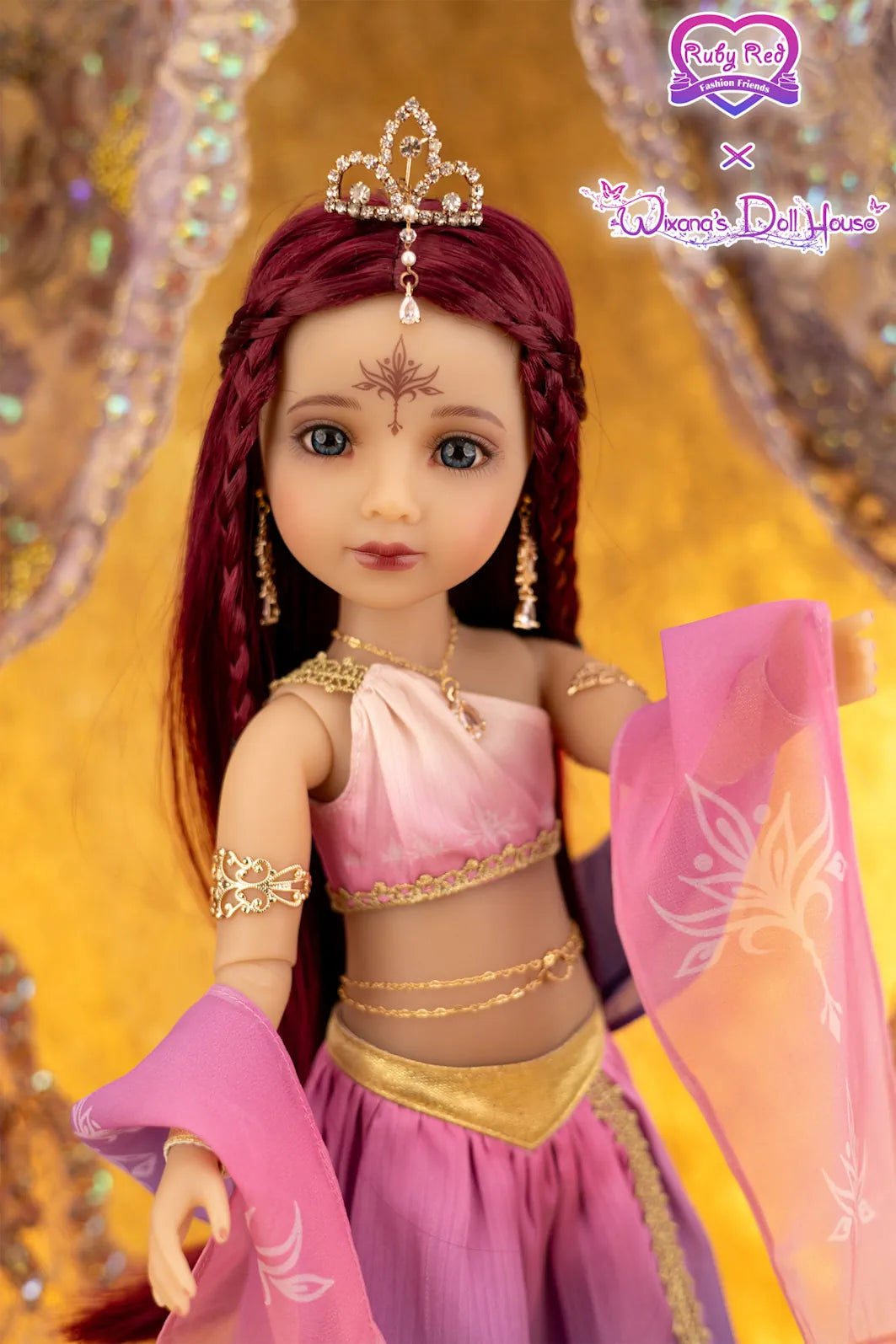 Doll with red hair and traditional outfit against a decorative background