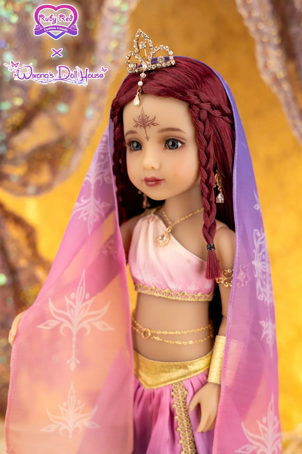 Doll with red hair and traditional outfit against a decorative background