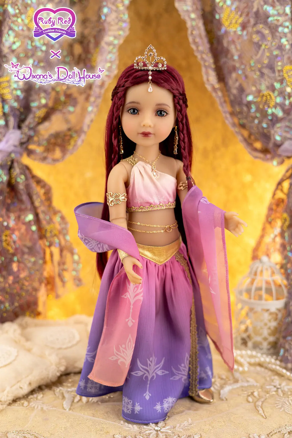 Doll in a princess outfit with a decorative background