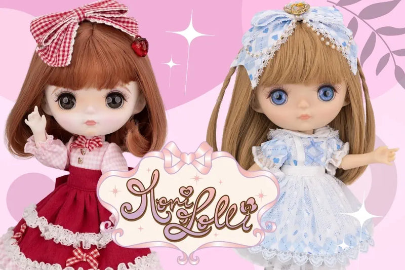 Two Mori Lolli dolls with decorative outfits on a pink background with 'Mori Lolli' branding.