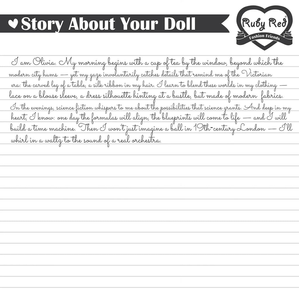 A digital graphic featuring a lined writing pad background with a black banner at the top containing the text about the story of the Olivia doll, written in English.
