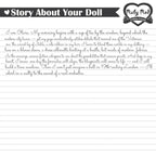 A digital graphic featuring a lined writing pad background with a black banner at the top containing the text about the story of the Olivia doll, written in English.