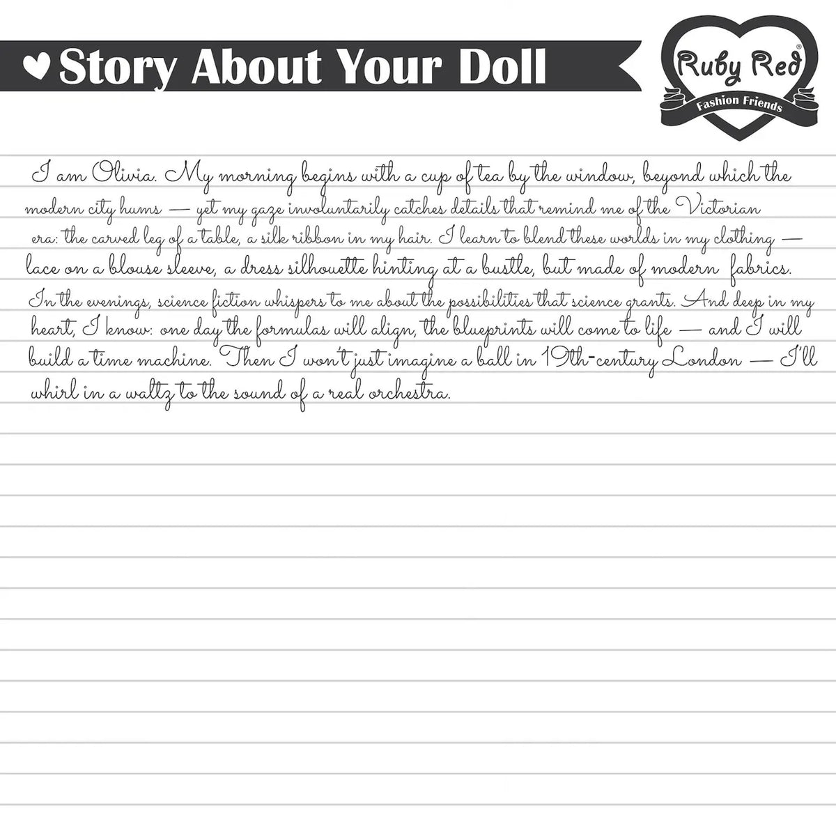A digital graphic featuring a lined writing pad background with a black banner at the top containing the text about the story of the Olivia doll, written in English.